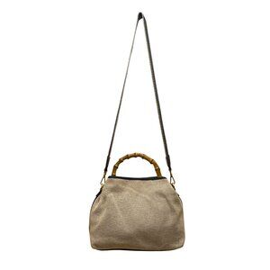 J.McLaughlin Women’s White & Blue Canvas Bamboo Handle Shoulder Bag